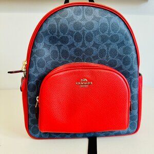 COACH COURT SIGNATURE LOGO DENIM BLUE AND BOLD RED BACKPACK